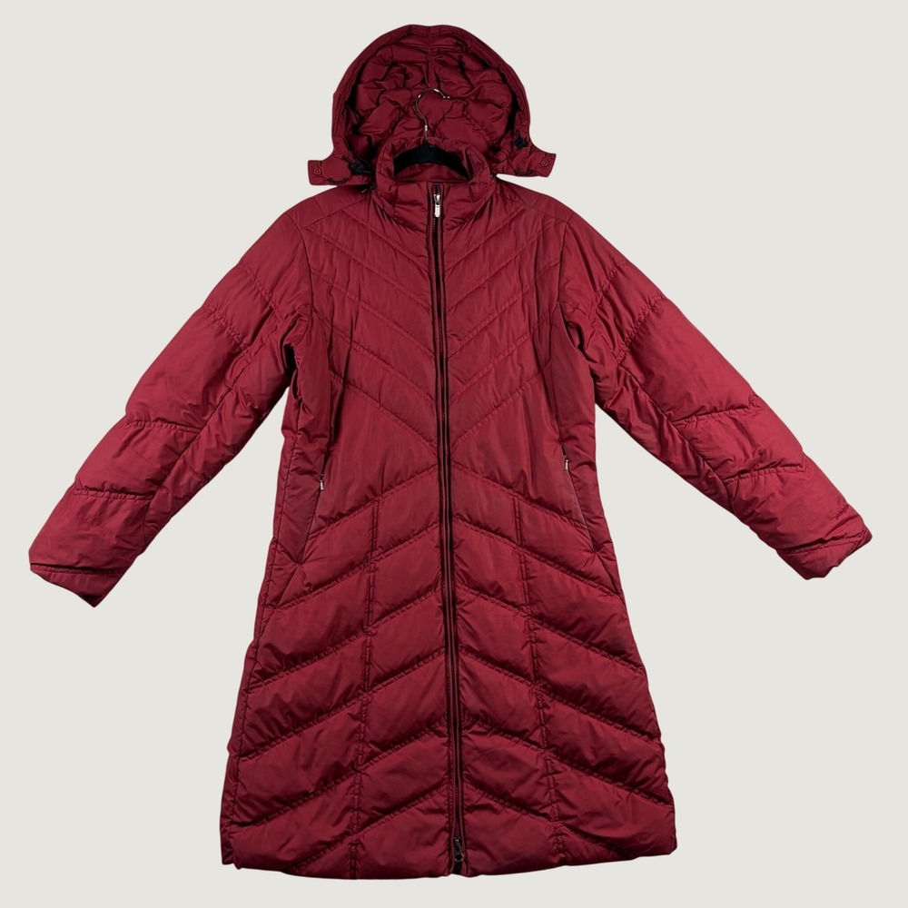 Patagonia Down With It Parka Womens M Red Quilted Puffer Hooded Long Coat Puffer